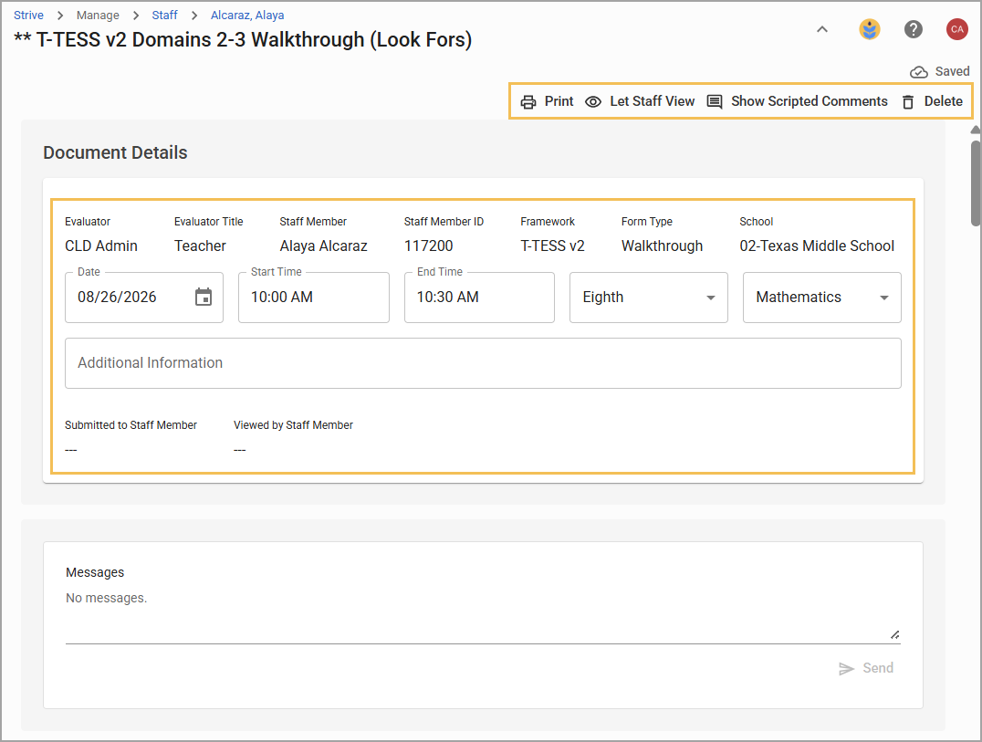 Document details for T-TESS v2 walkthrough including evaluator, date, and time information.